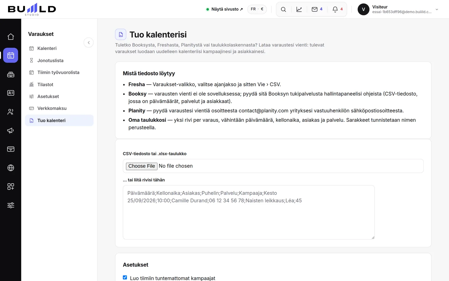 Kalenterin tuontinäyttö. | Buiiild.com