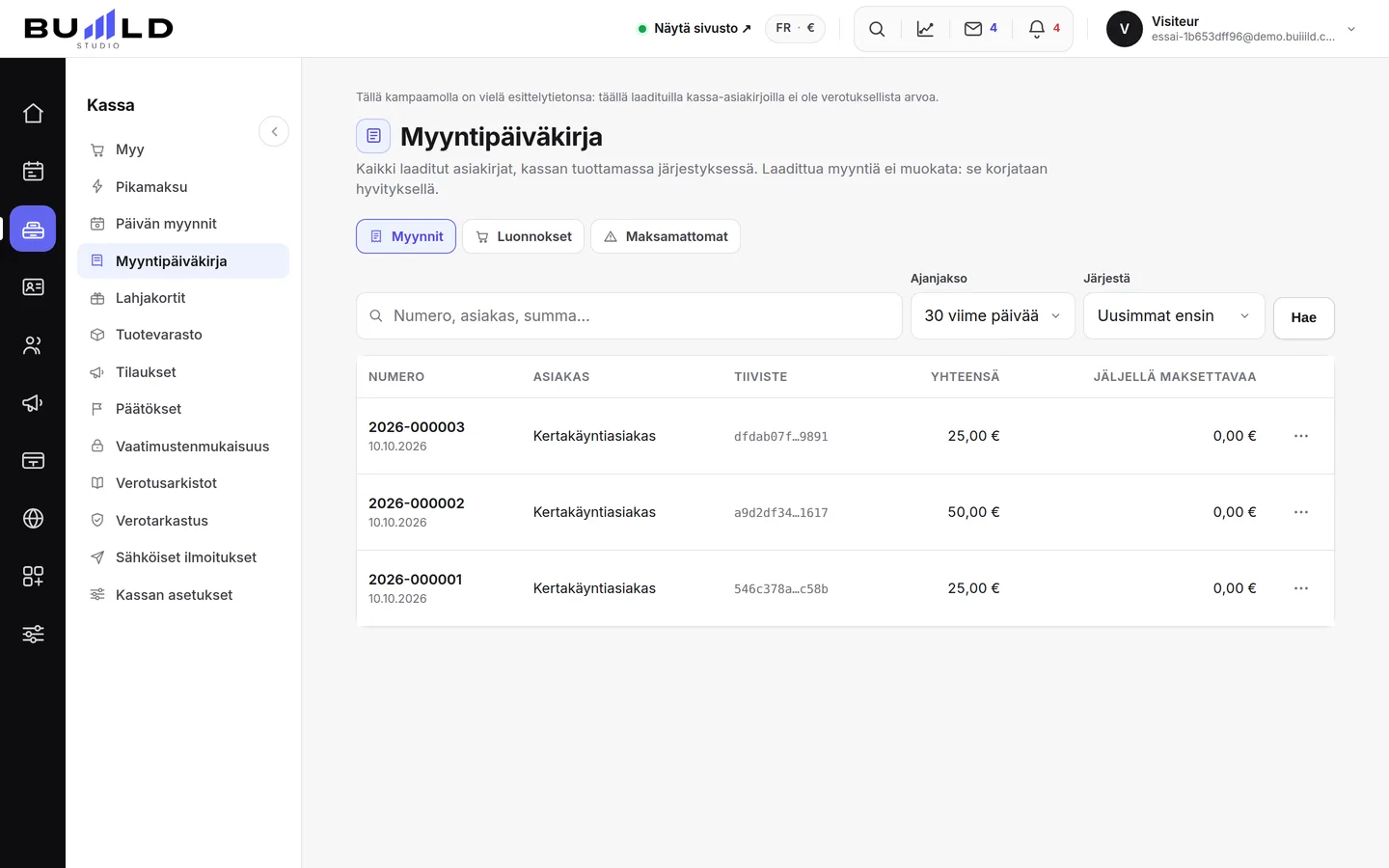 Myyntijournaali: kuitit, luonnokset, maksamattomat, hyvitykset | Buiiild.com