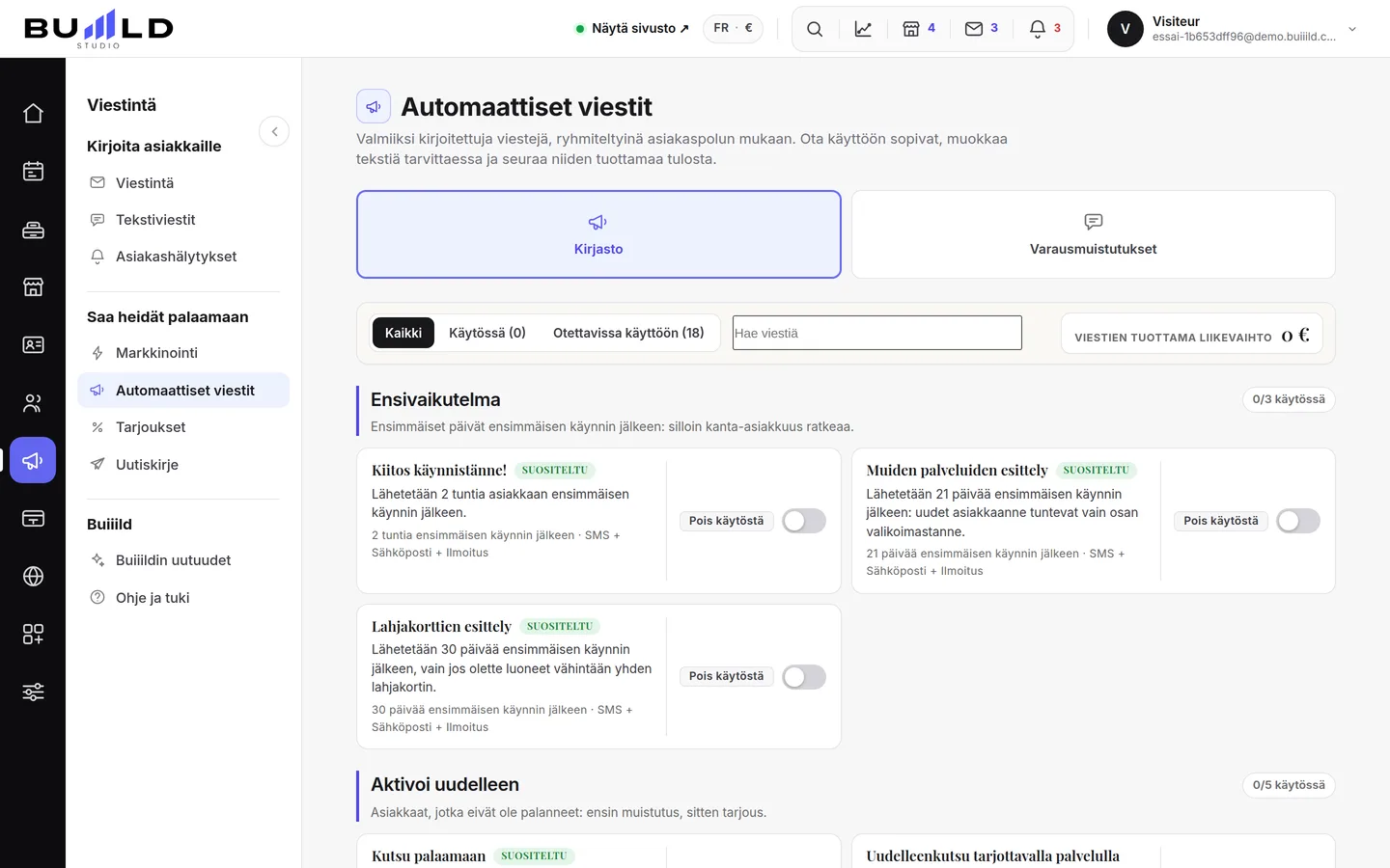 Viestit, jotka lähtevät itsestään: tervetuloviesti, muistutus, syntymäpäivä | Buiiild.com
