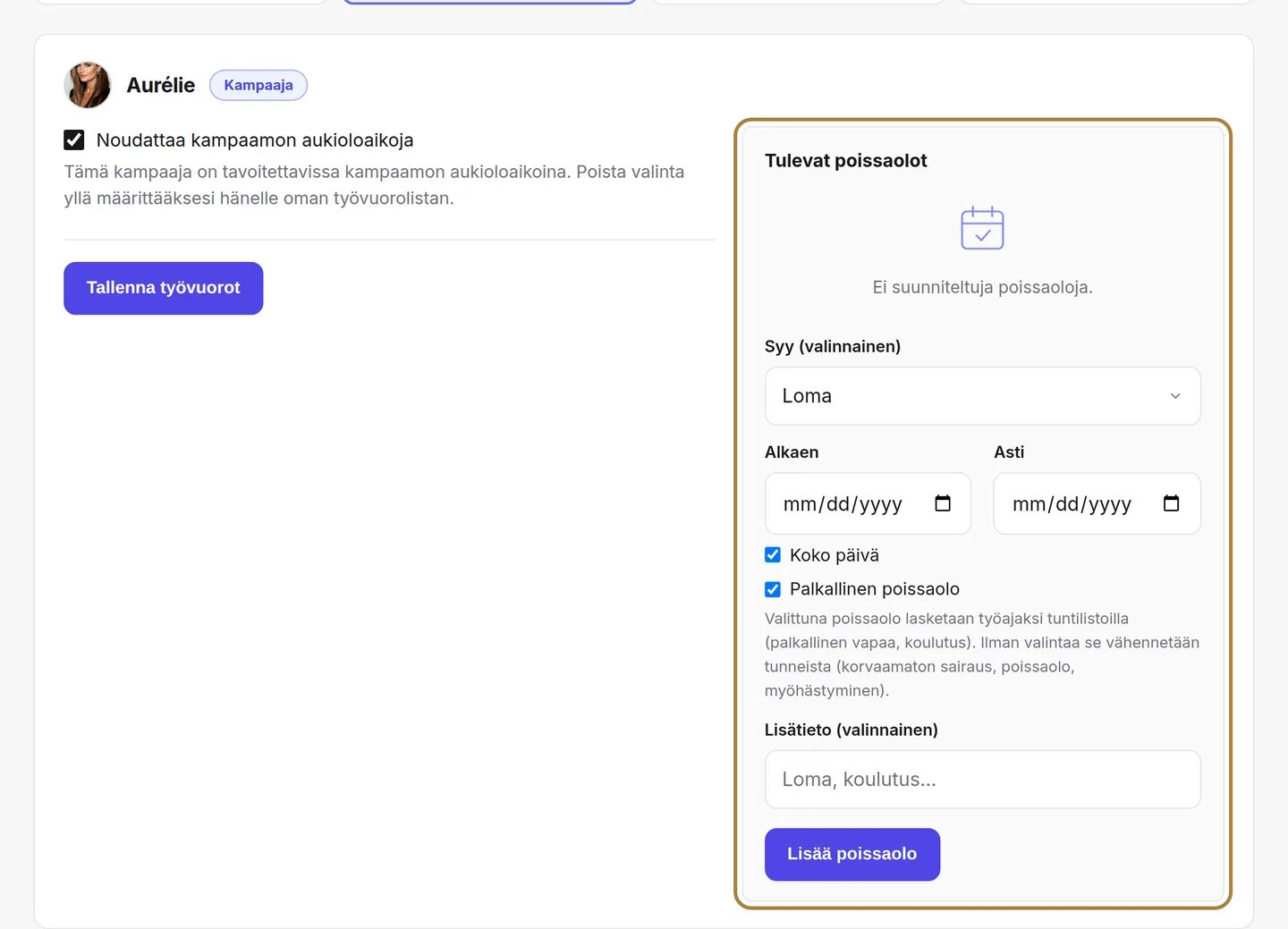 Tulevat poissaolot ja lomake niiden merkitsemiseen. | Buiiild.com