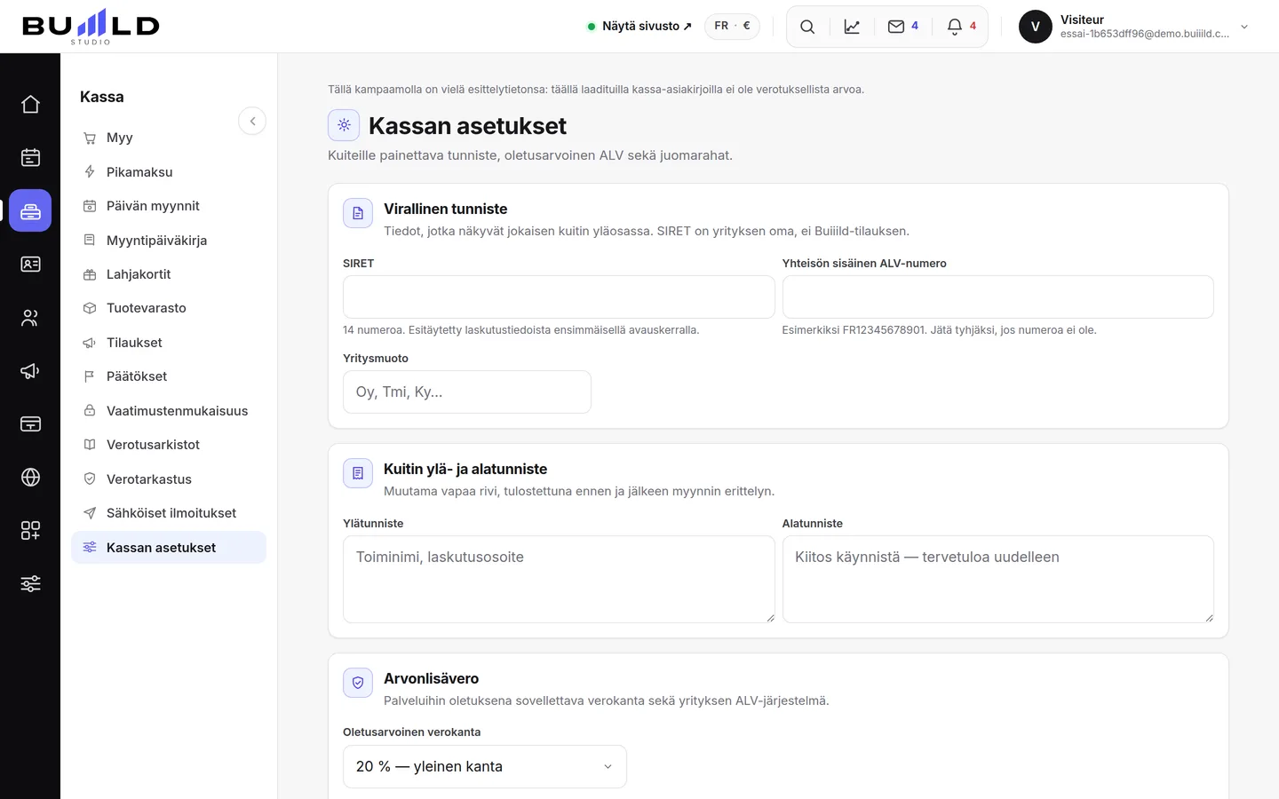 Kassan asetukset. | Buiiild.com