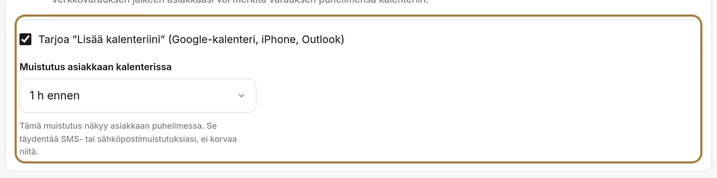 Asiakkaasi kalenteri: varauksen jälkeen tarjottava painike ja sen muistutus. | Buiiild.com
