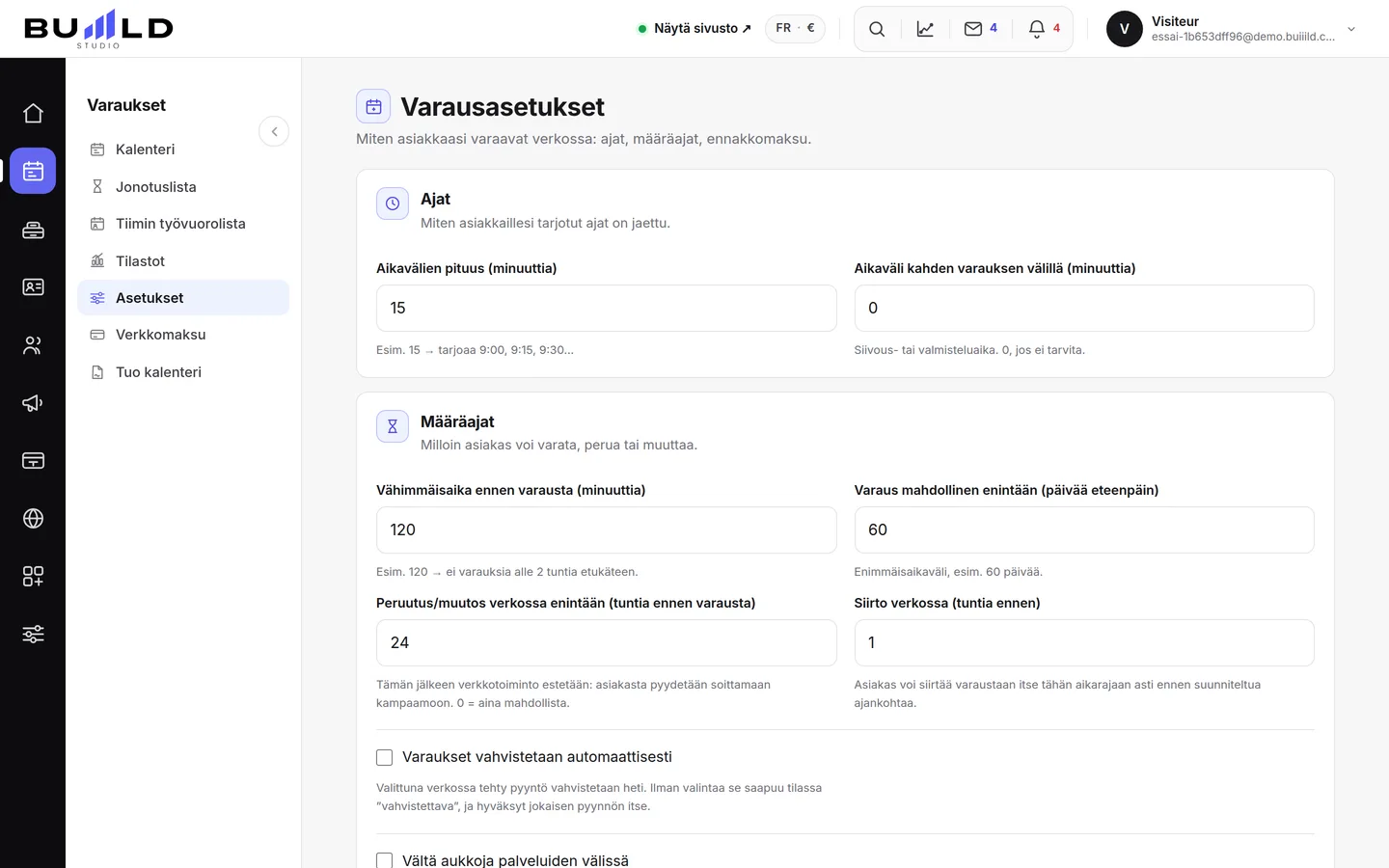 Varausasetukset: ajat, viiveet, ennakkomaksu, peruutus | Buiiild.com