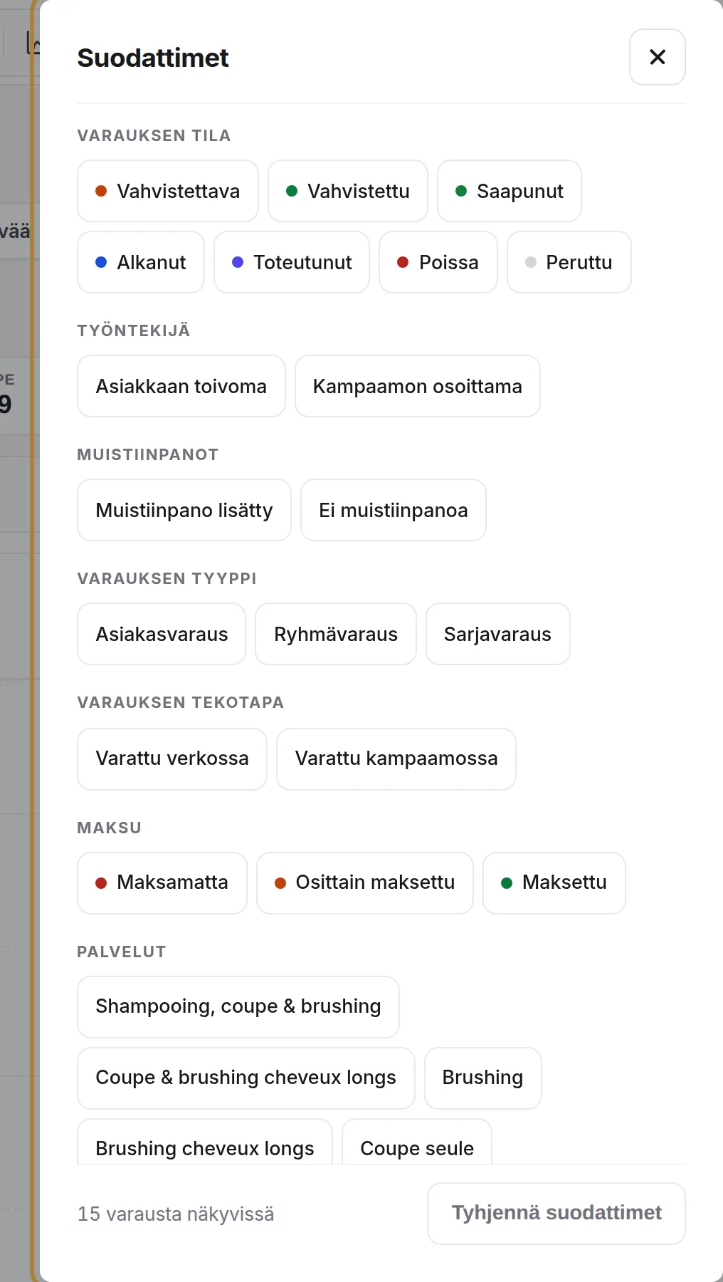 Suodattimet: tila, maksu, verkko- tai kampaamovaraus, palvelut, muistiinpanot… | Buiiild.com