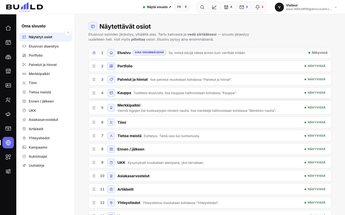 Verkkosivusi osiot etusivun todellisessa järjestyksessä. | Buiiild.com