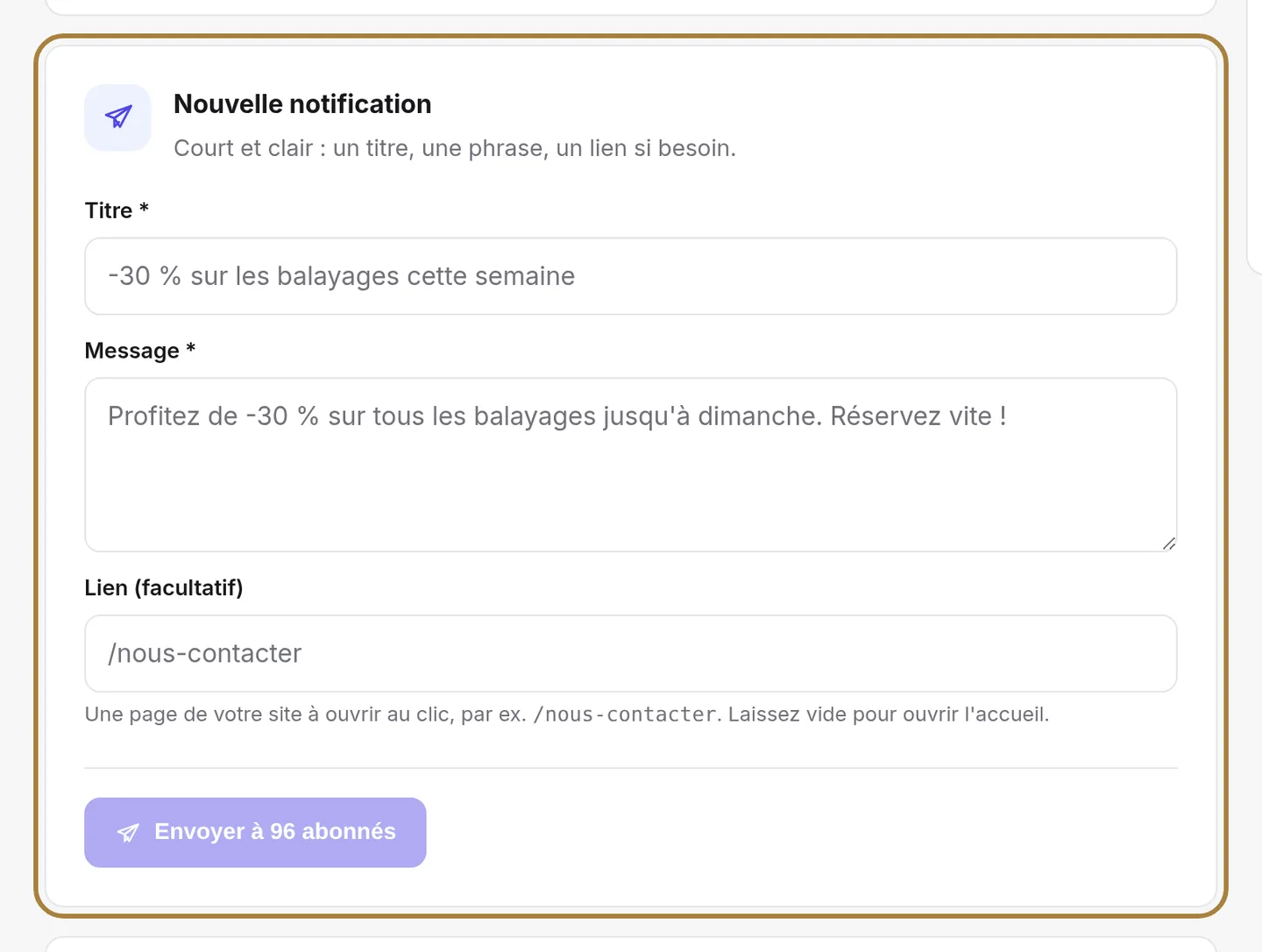 Écrire une notification : un titre, une phrase, un lien.