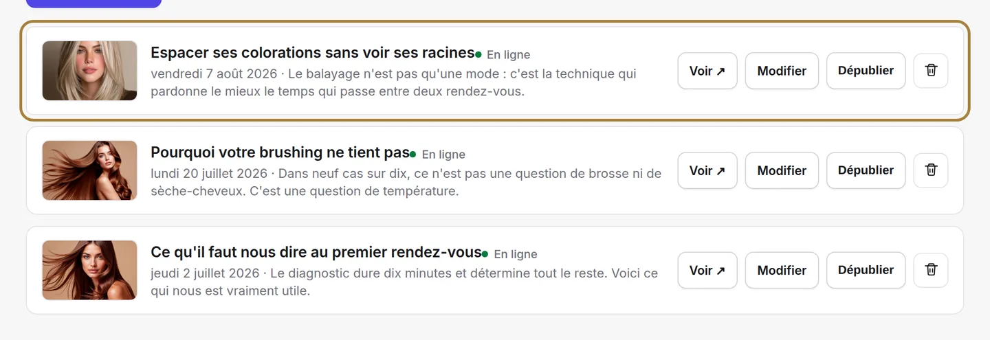 Un article, une ligne : vignette, titre, date, état.