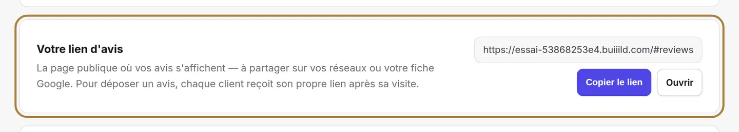 Votre lien d'avis, prêt à copier.