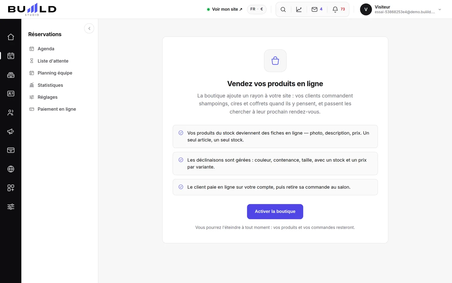 L'écran d'activation, tant que la boutique est éteinte.