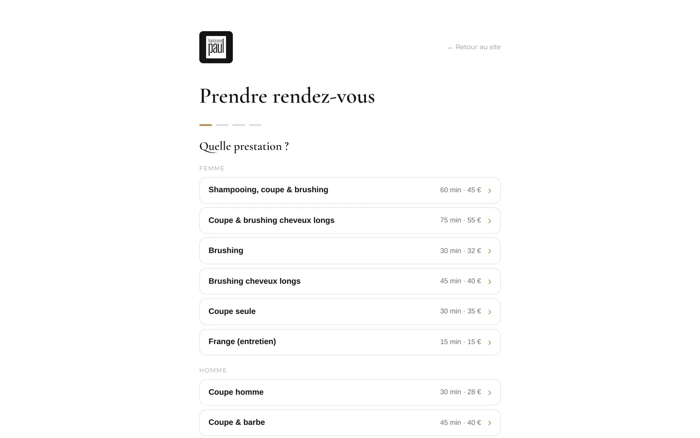 La même page sur téléphone — c'est là que réservent la plupart de vos clients.
