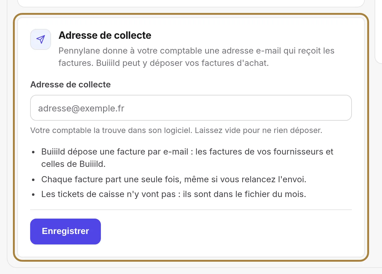 L'adresse de collecte, pour les factures d'achat. | Buiiild.com