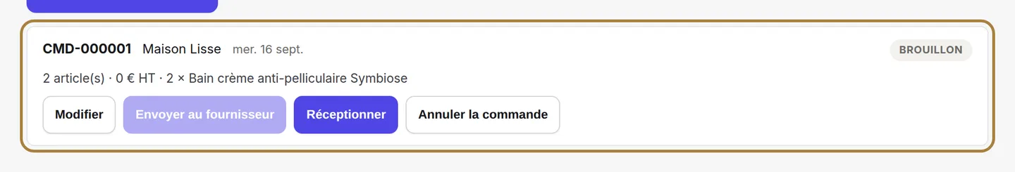 Où en est chaque commande : brouillon, envoyée, reçue, annulée.
