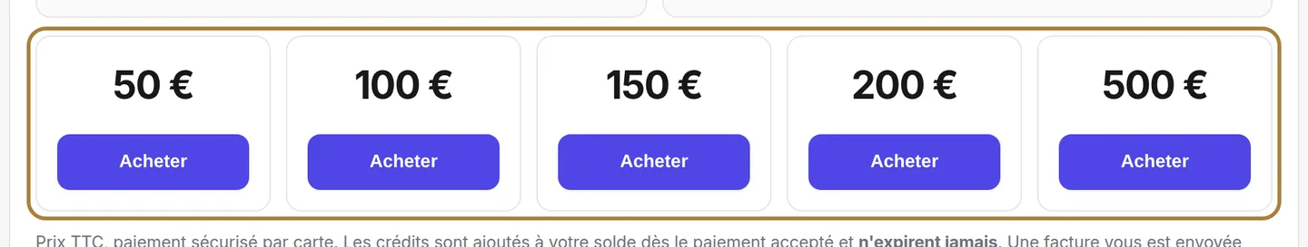 Recharger : choisissez un pack, payez par carte.