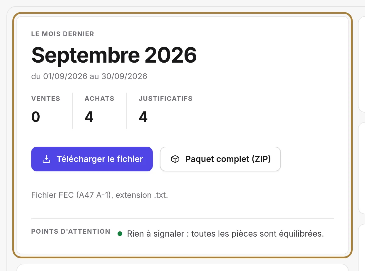 Le mois dernier : ventes, achats, justificatifs, et le fichier à télécharger. | Buiiild.com