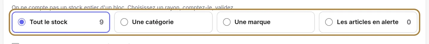 Choisir ce que vous comptez : tout, une catégorie, une marque, ou l'alerte seulement.