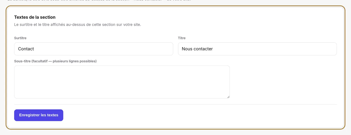 Les textes de la section Contact.