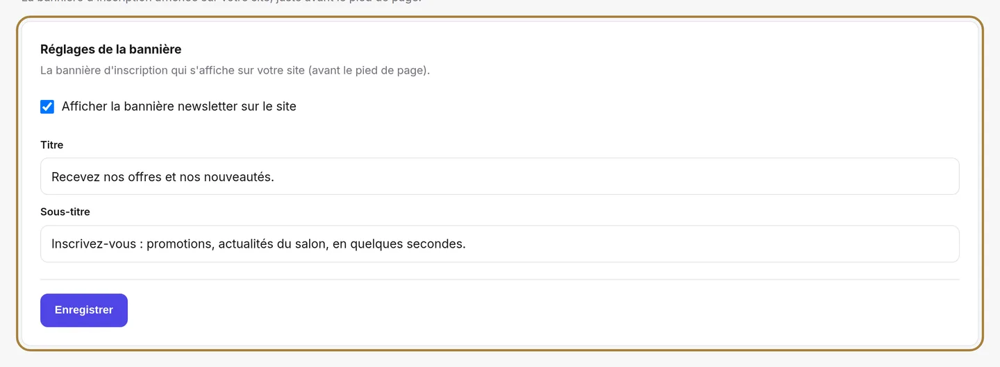 Les réglages de la bannière newsletter.