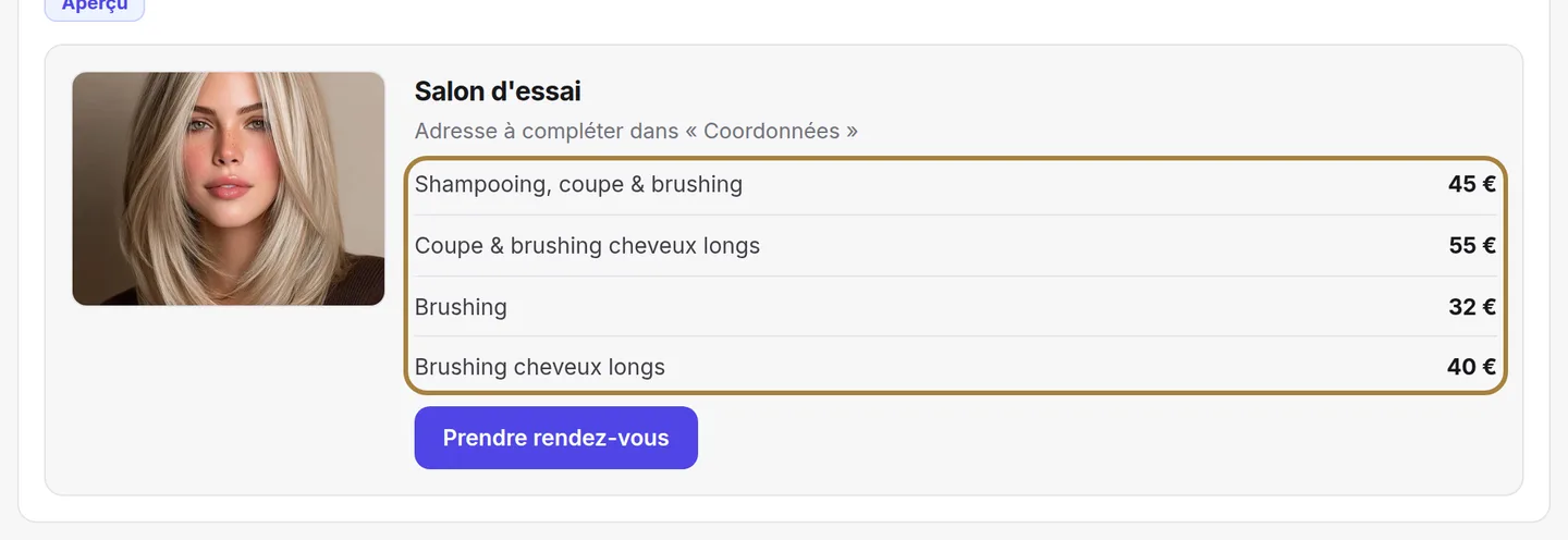 Vos prestations et vos prix : seules les prestations actives apparaissent.