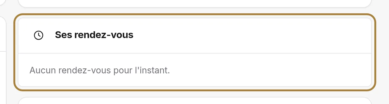 Ses rendez-vous, à venir comme passés, avec statut et prix.