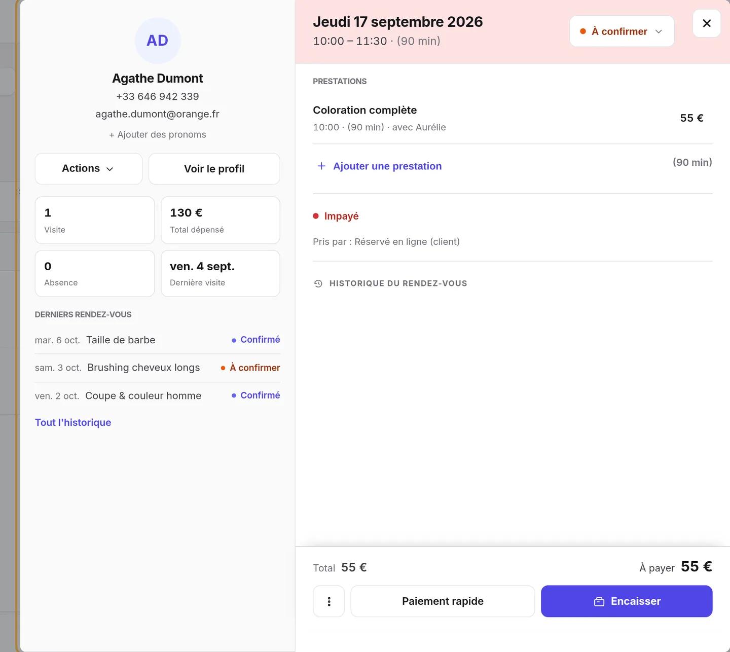 La fiche du rendez-vous : statut, prestations, client, paiement, historique.