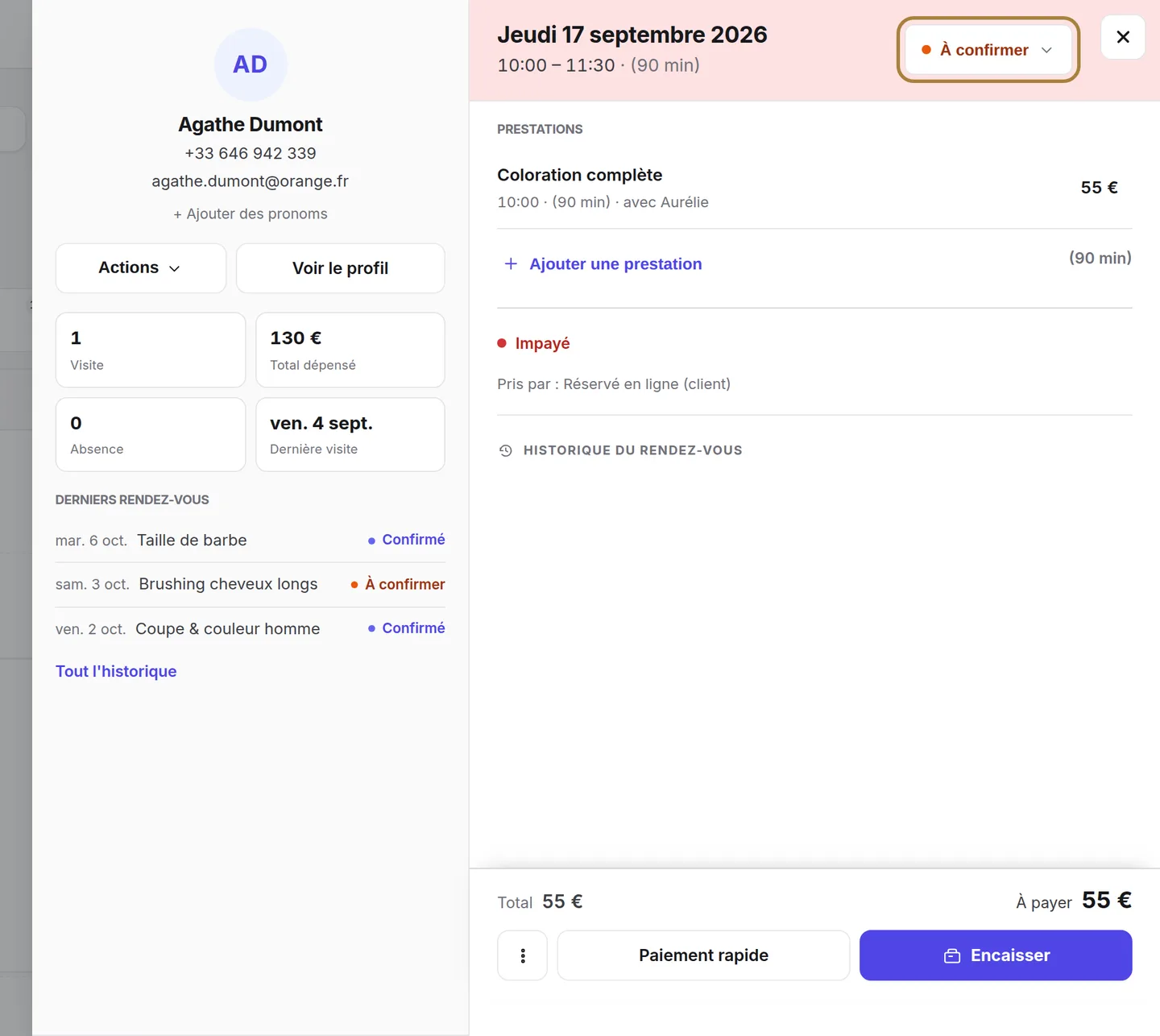 Le bouton de statut de la fiche : arrivé, débuté, honoré, retard, absent.