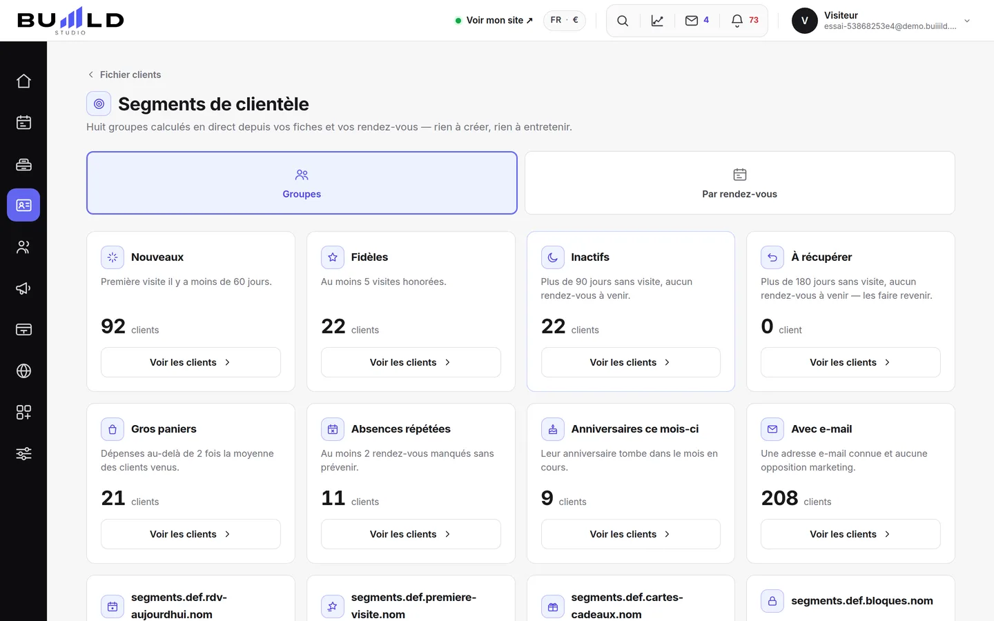 Les groupes de clientèle, recalculés à chaque ouverture.