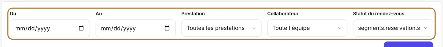 La recherche par réservation : période, prestation, collaborateur, statut.
