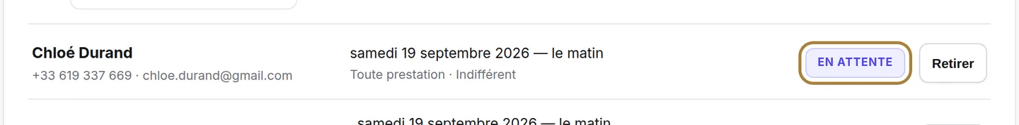 L'état de chaque demande : en attente, prévenu, a réservé.