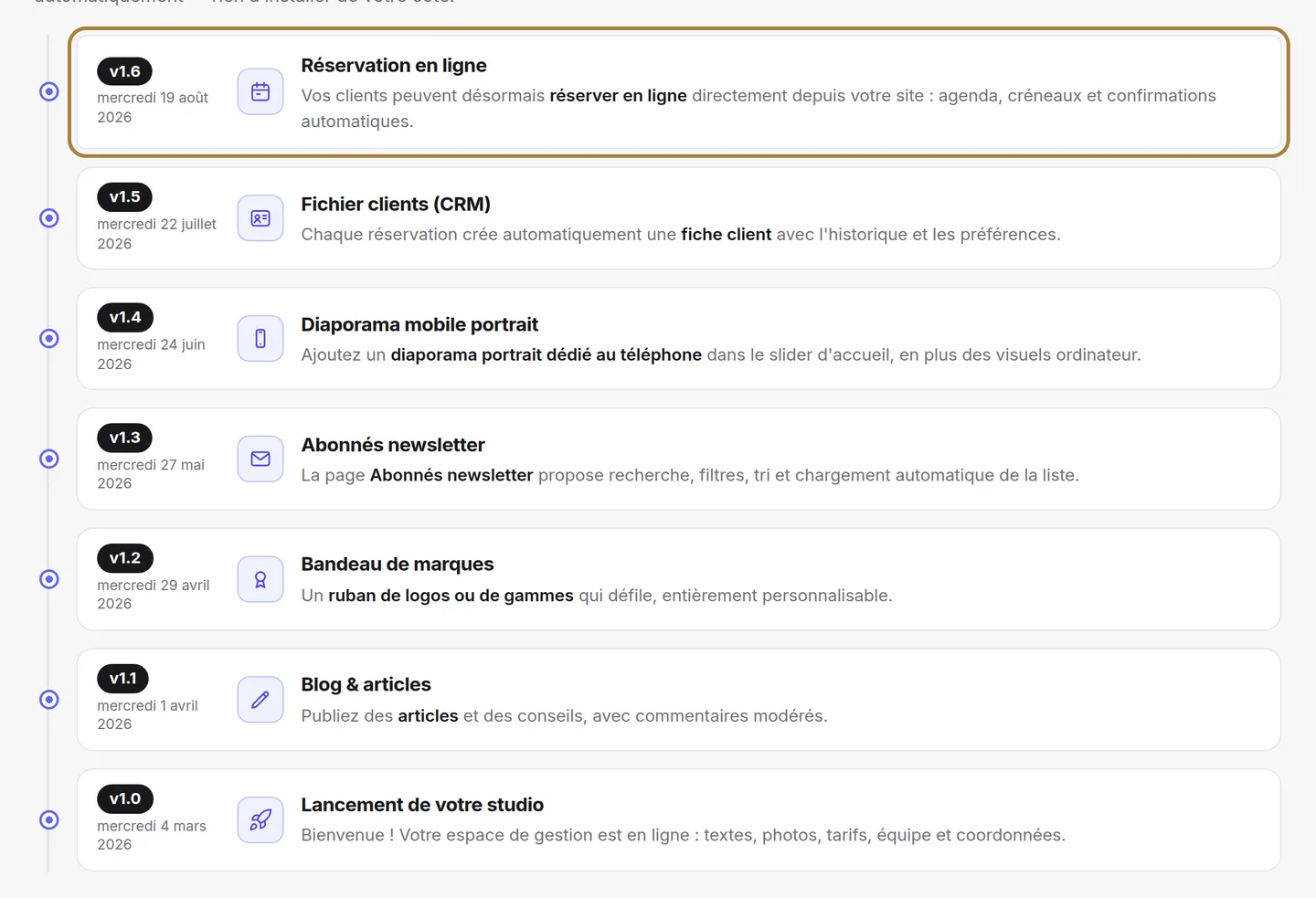 Une carte par amélioration : version, date, domaine, explication.