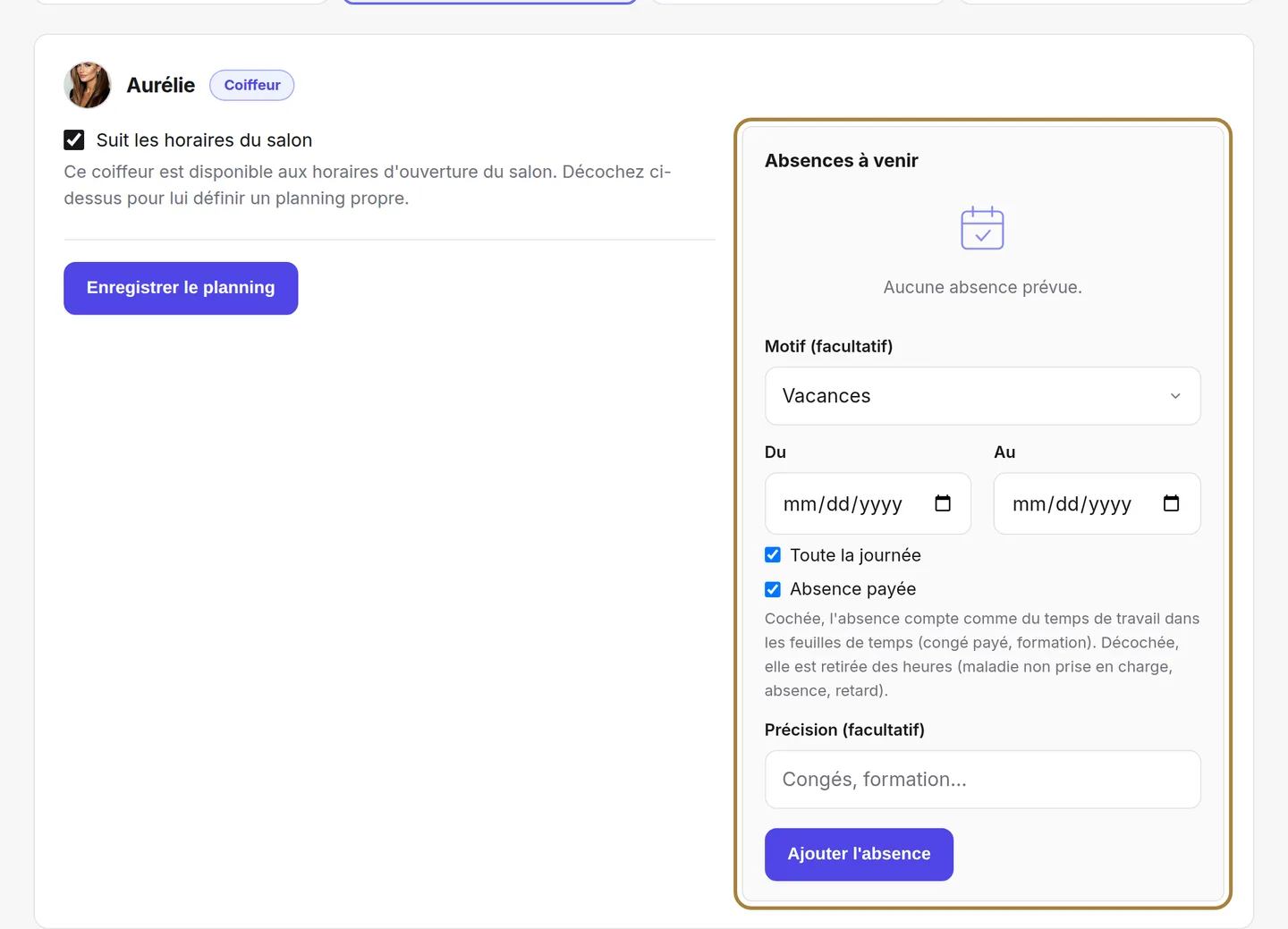 Les absences à venir, et le formulaire pour en poser une.