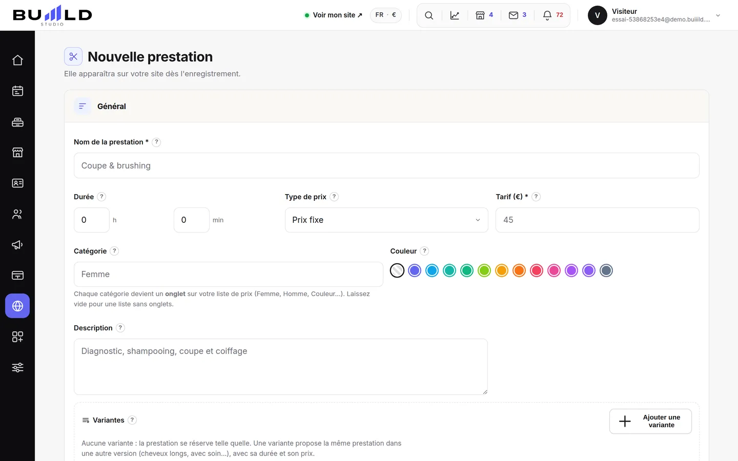 La fiche d'une nouvelle prestation.