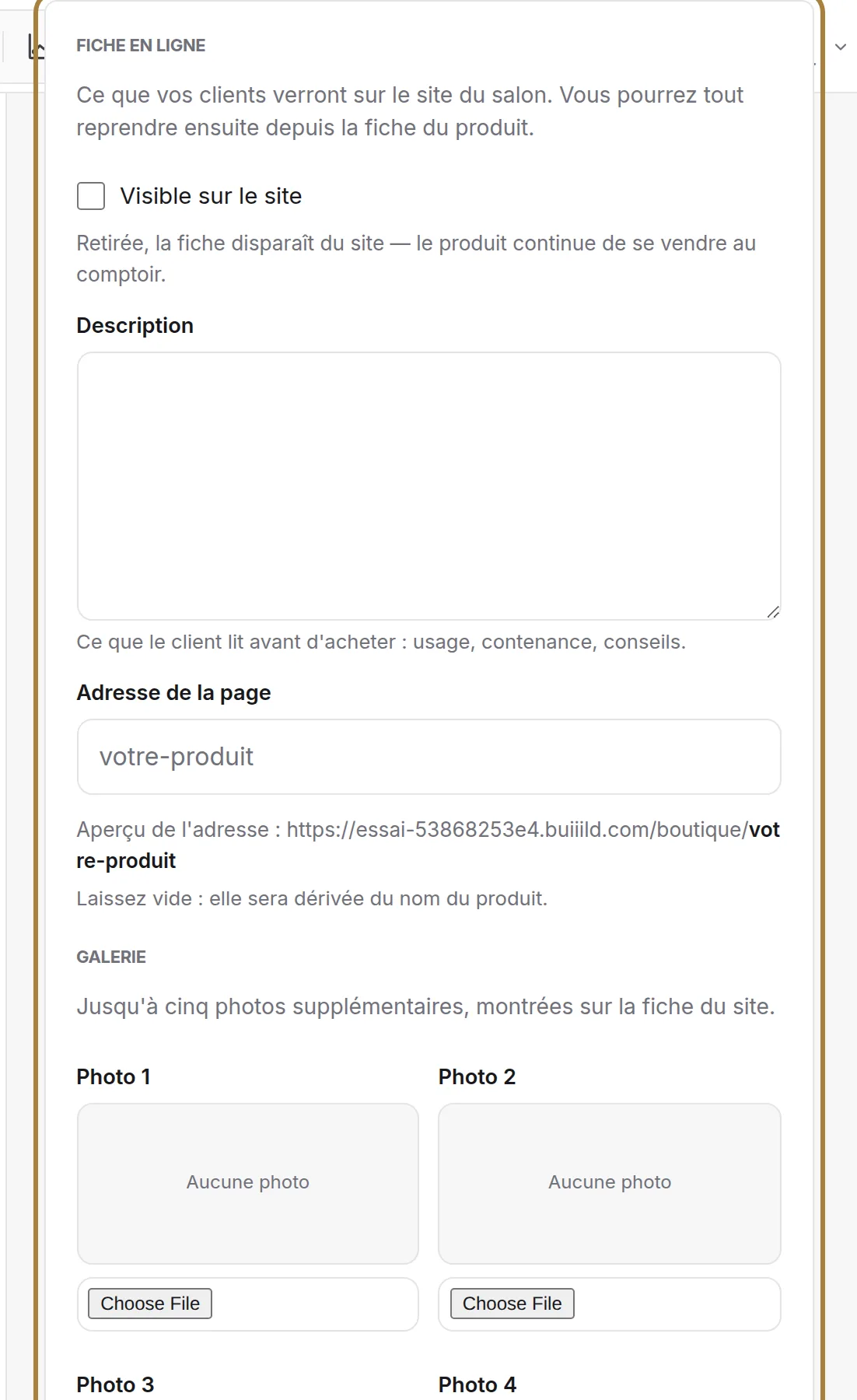 La page du site : visibilité, description, adresse, photos.