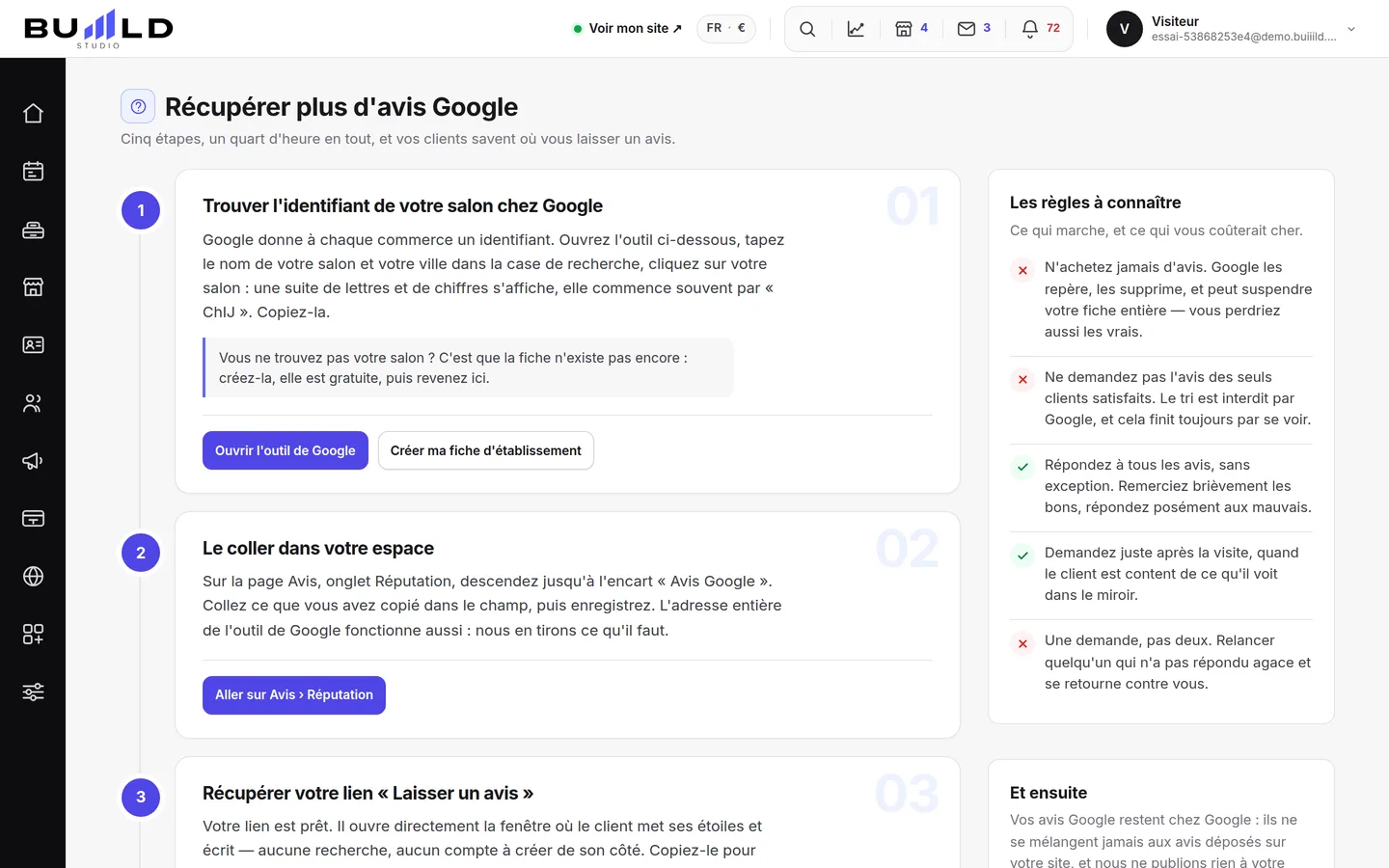 Le guide « Récolter des avis Google » du studio.