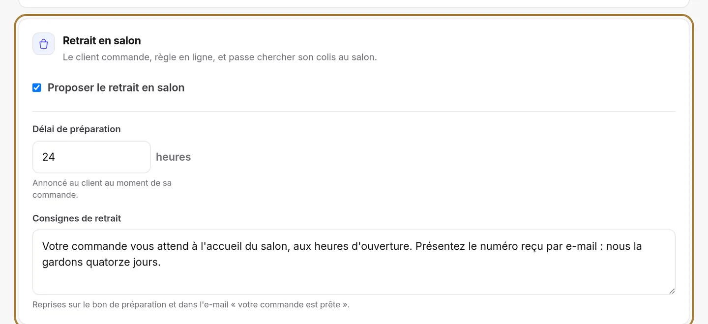 Le retrait en salon.