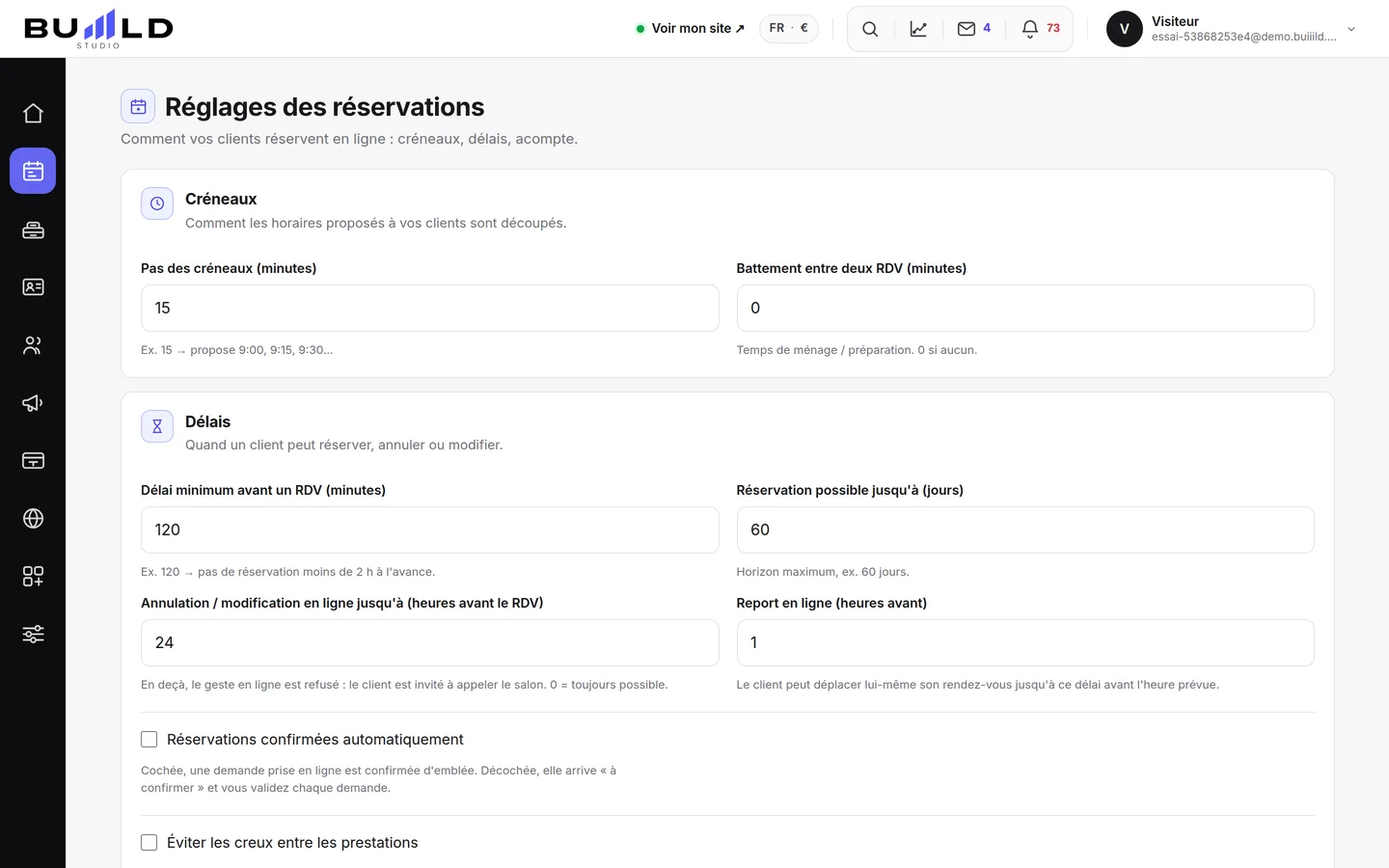 Les réglages des réservations, carte par carte.