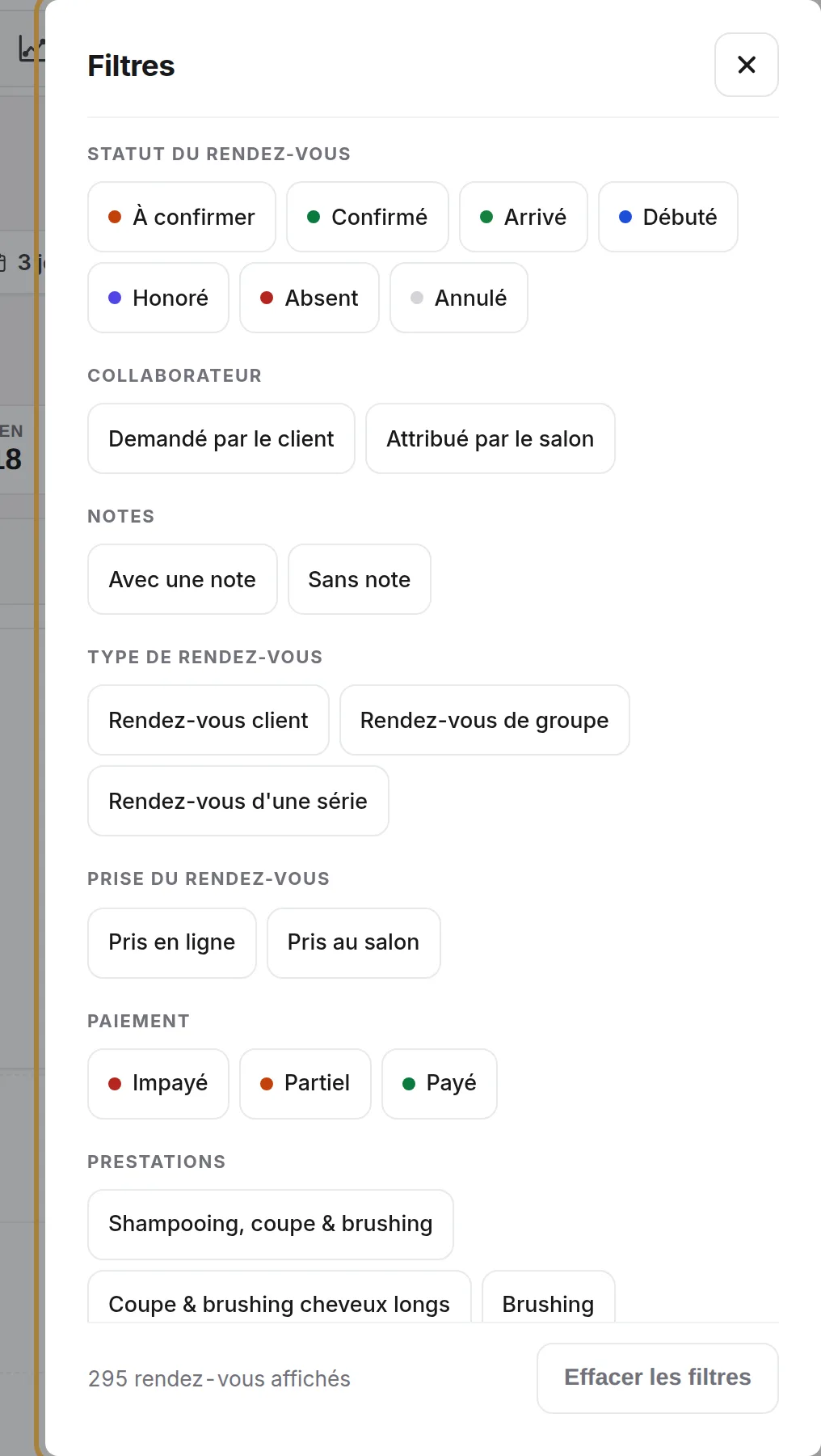 Les filtres : statut, paiement, prise en ligne ou au salon, prestations, notes…