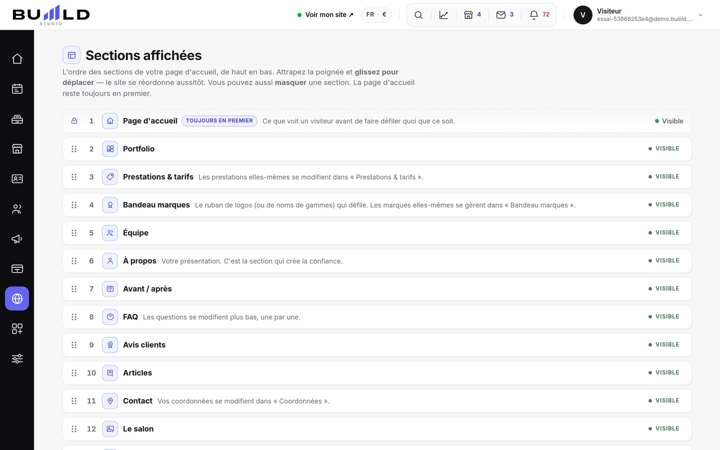 Les sections de votre site, dans l'ordre réel de la page d'accueil.