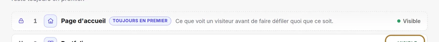 Visible ou masquée : la pastille dit si la section paraît sur le site.