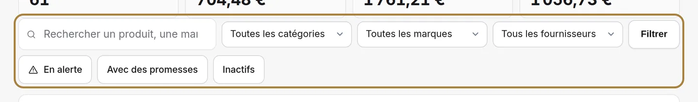Retrouver un produit : nom, référence, catégorie, marque, fournisseur.