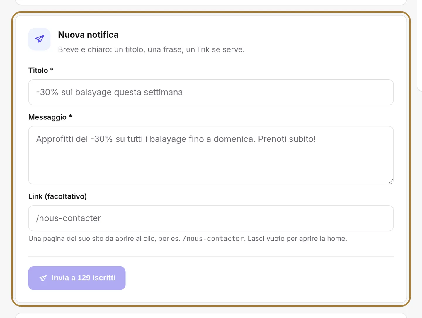 Scrivere una notifica: un titolo, una frase, un link.