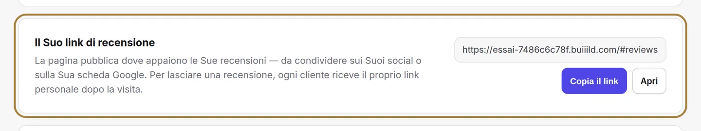 Il Suo link recensioni, pronto da copiare.