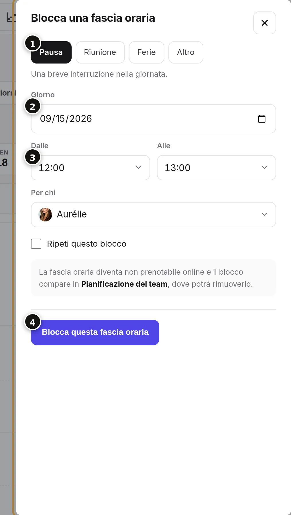 Il motivo (1), il giorno (2), gli orari e il parrucchiere (3), il pulsante (4).