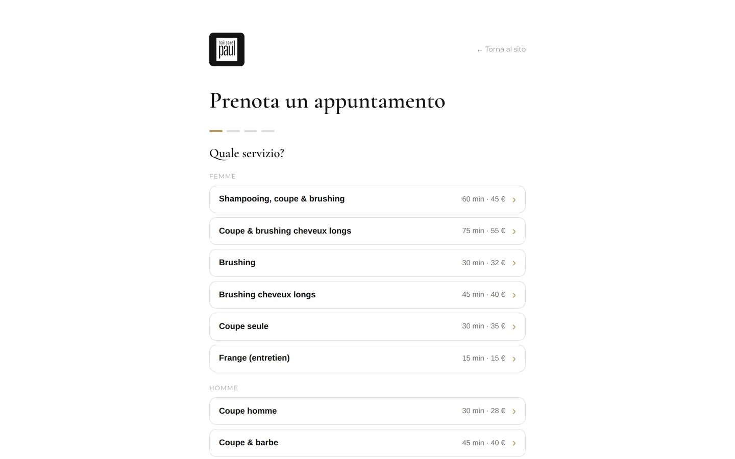 La pagina di prenotazione del Suo sito, così come la vede un cliente.