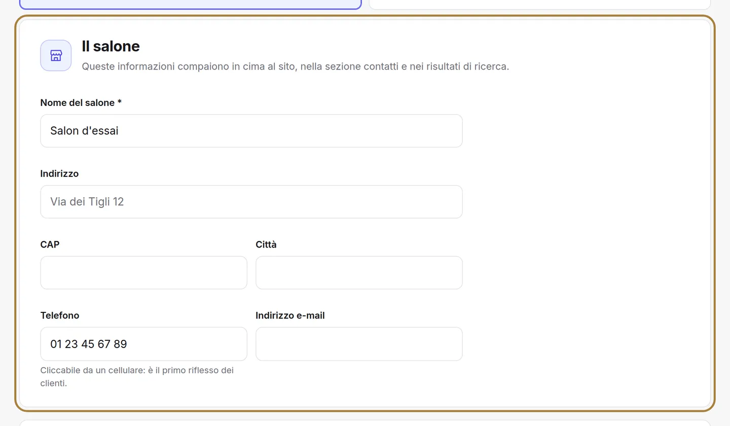 Il modulo: indirizzo, telefono, e-mail, social.