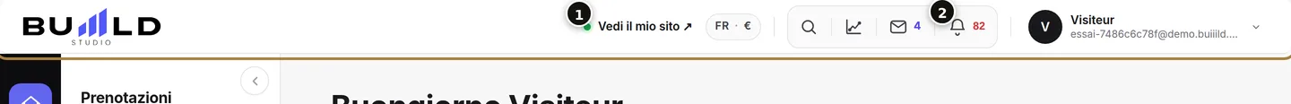 La barra superiore: «Vedi il mio sito» (1) e la campanella (2).