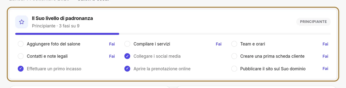 Il Suo livello di padronanza: ogni riga porta alla schermata interessata.