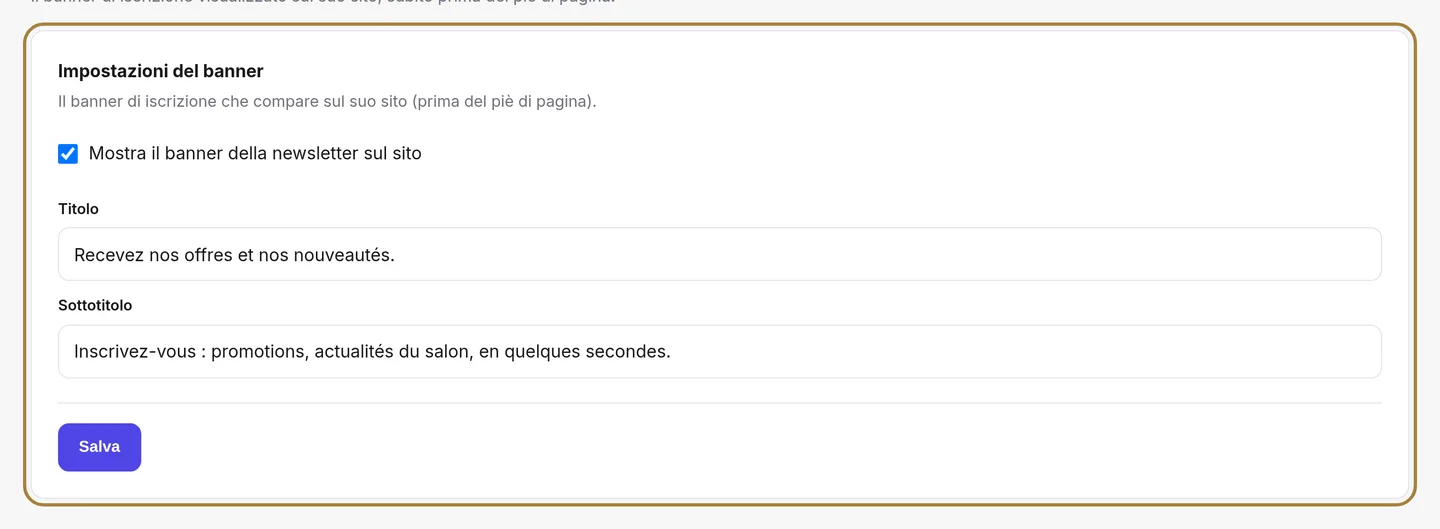Le impostazioni del banner newsletter.