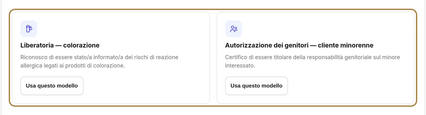 Due modelli pronti: colorazione e minorenne.