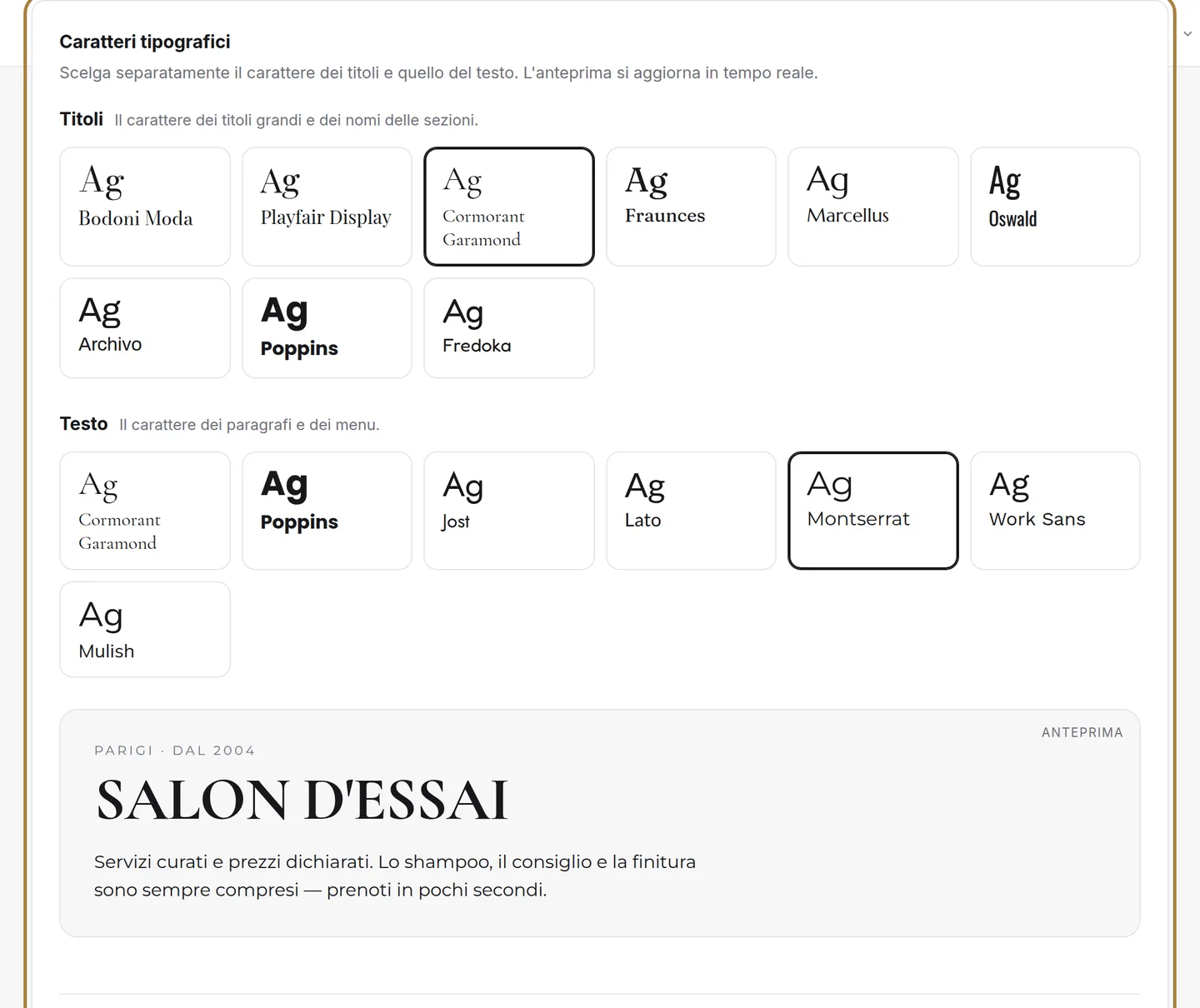 I caratteri tipografici, con anteprima.