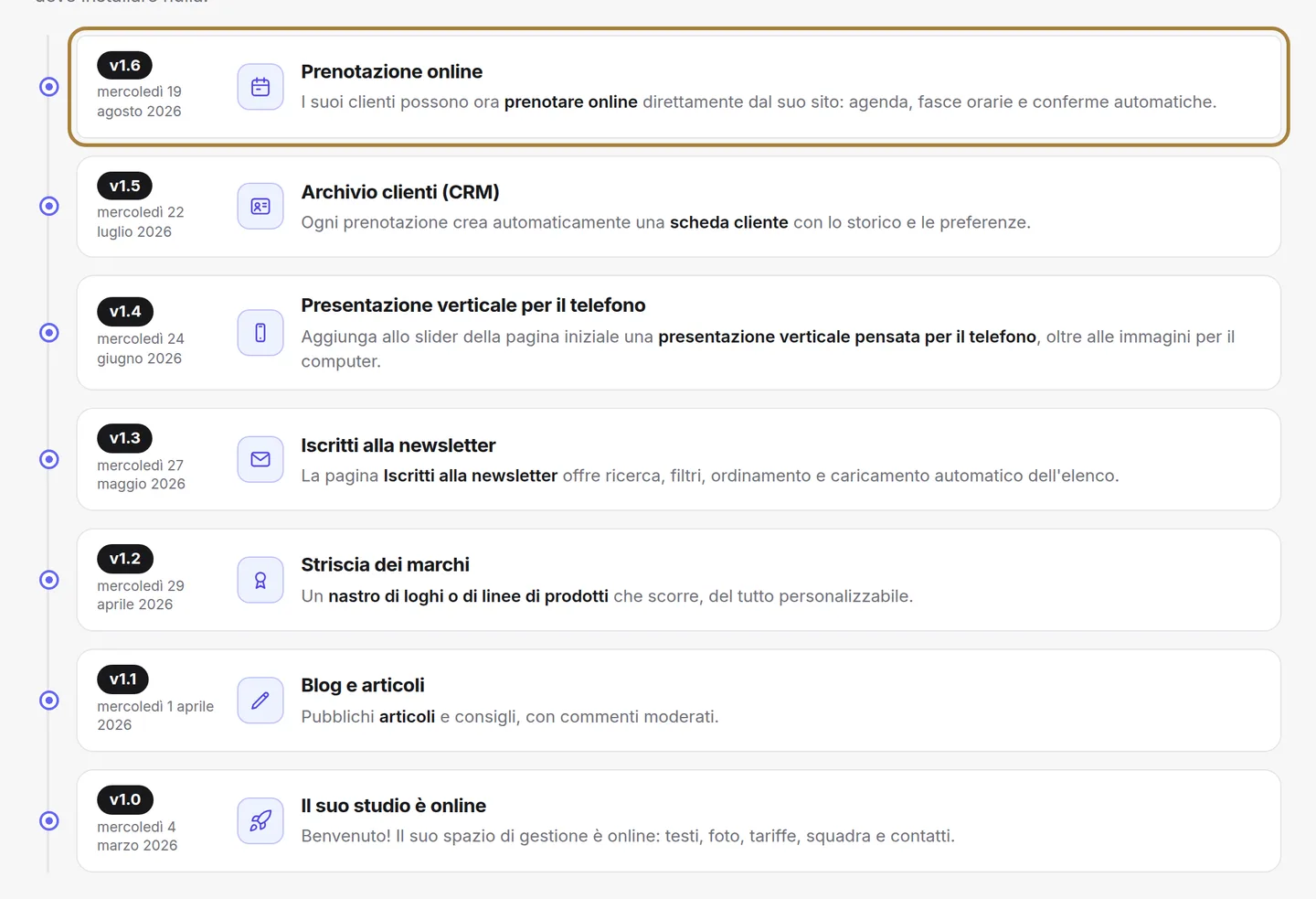 Una scheda per miglioramento: versione, data, ambito, spiegazione.